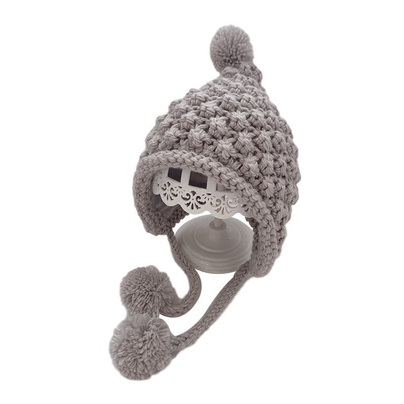 Handmade Flower Fake Braids Thickened Baby Knitted Hat